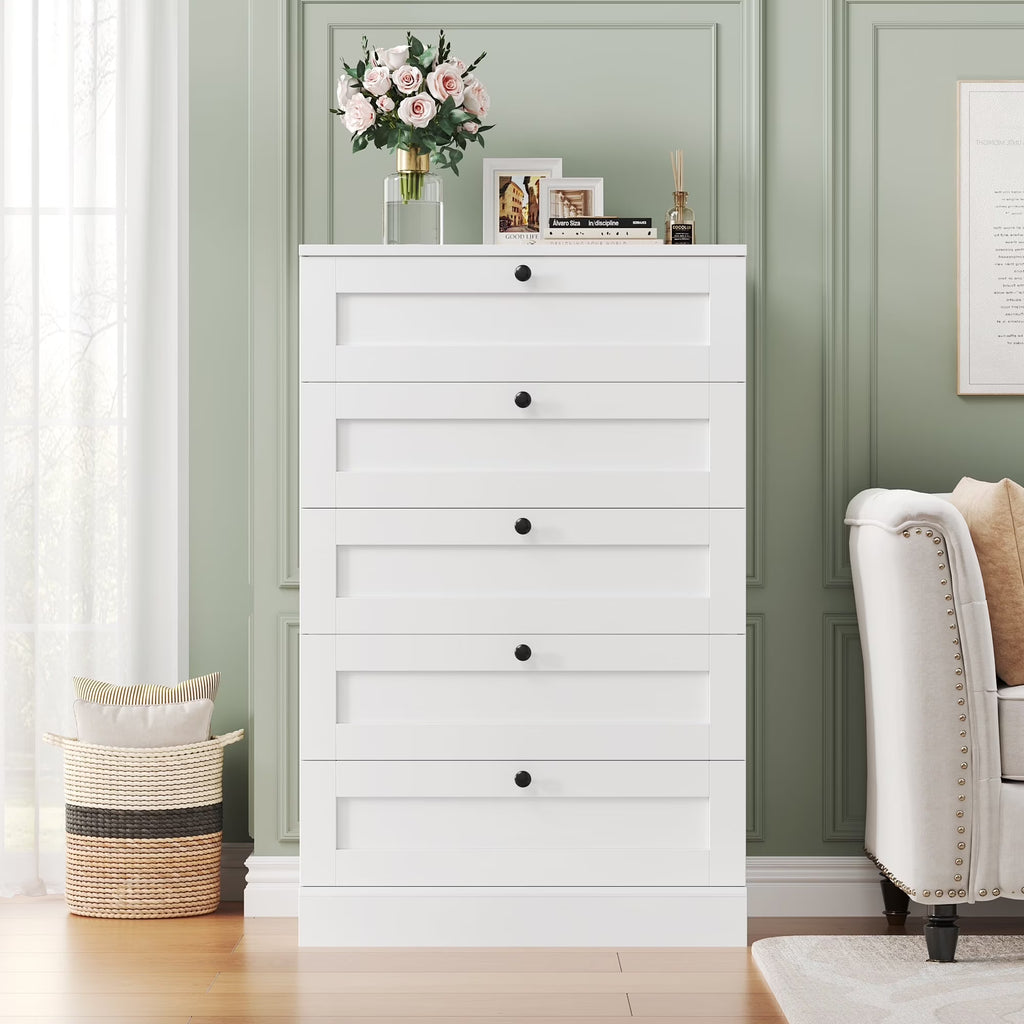 Homfa 5 Drawer White Bedroom Dresser, Modern Vertical Dresser Drawers Wood Organizer for Living Room Entryway Small Spaces