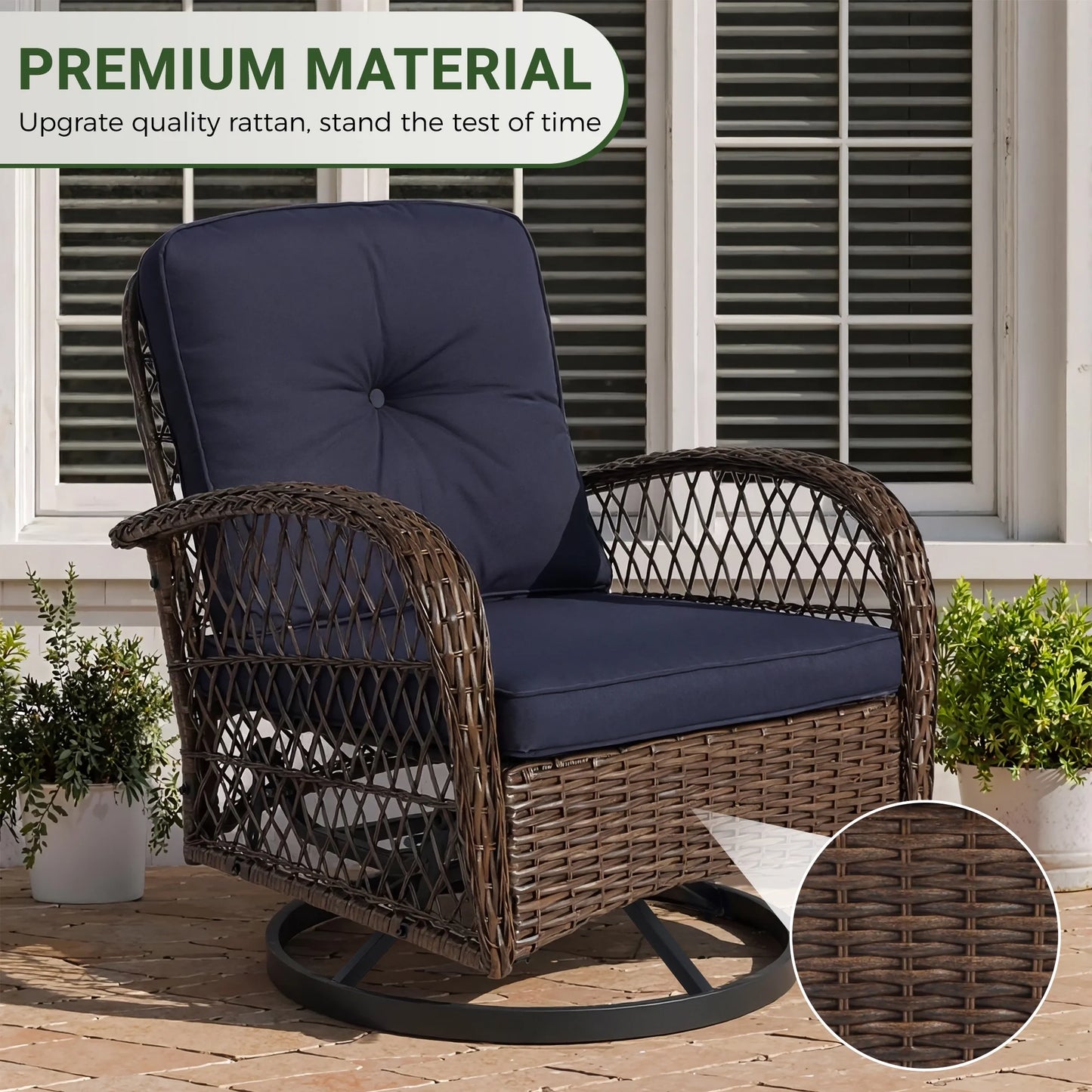 3 Piece Patio Swivel Rocker Chairs Set, 2 360-Degree Swivel Rocking Chairs with 1 Glass Top Table, PE Rattan Outdoor Bistro Set with Cushions for Balcony Deck Poolside Backyard Porch