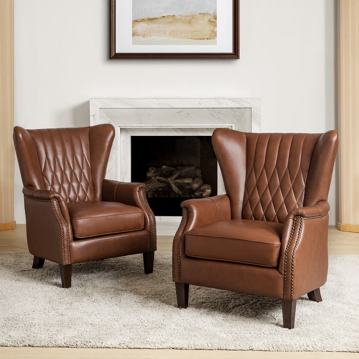 Traditional Genuine Leather Accent Chair with Nailhead Trim Tufted Armchair for Living Room Camel