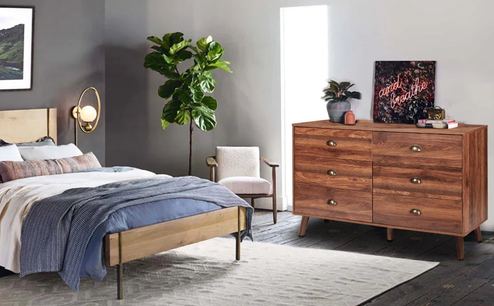 Polar Aurora Wood Dresser for Bedroom with 6 Drawers, Mid Century Modern Chests of Drawer with Metal Handles