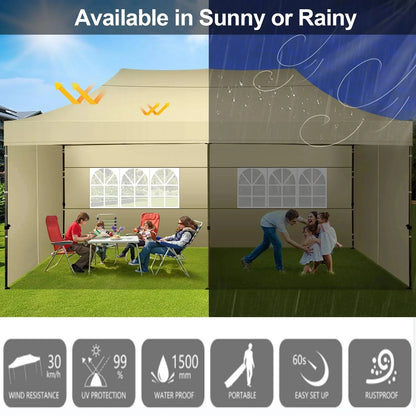 COBIZI 10x20 Heavy Duty Pop up Canopy Tent with 6 sidewalls Easy Up Commercial Outdoor Canopy Wedding Party Tent for Beach All Season Wind & Waterproof Gazebo with Roller Bag,Black(Frame Thickened)
