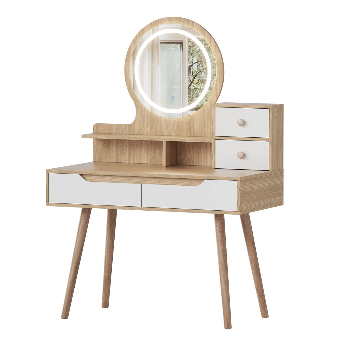 Montary Modern Mini Vanity w/Adjustable LED Mirror + Hidden Storage, Padded Stool & Dustproof Shelves (White)