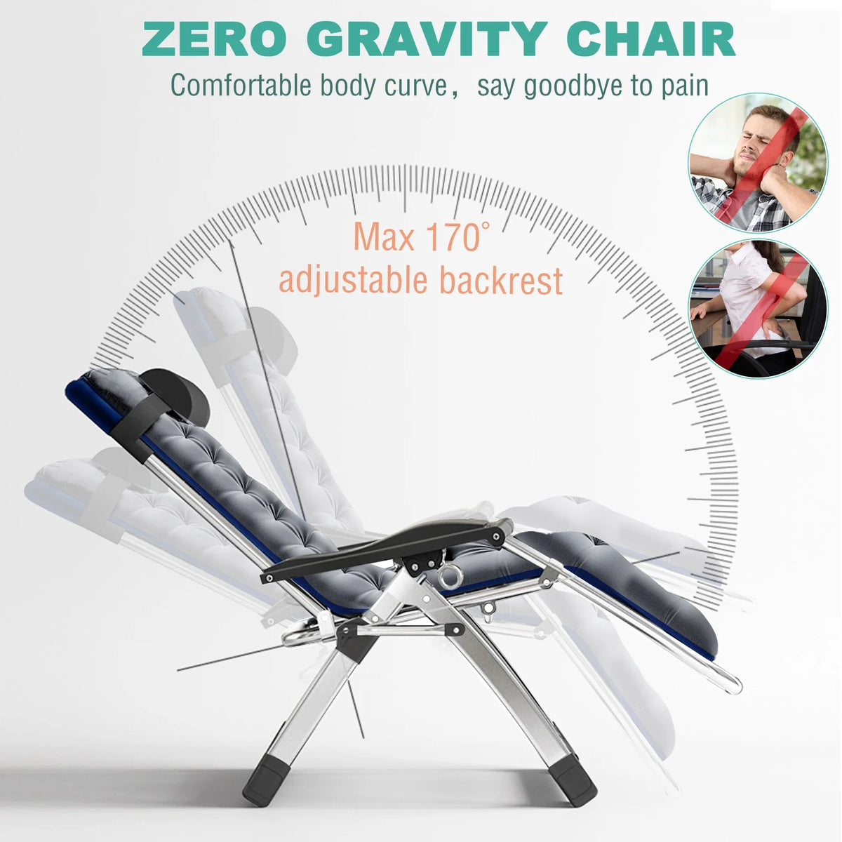 MOPHOTO Zero Gravity Chair Folding Outdoor Patio Recliner with Detachable Cushion,Cup Holder,Headrest,26"D x 20"W x 45"H