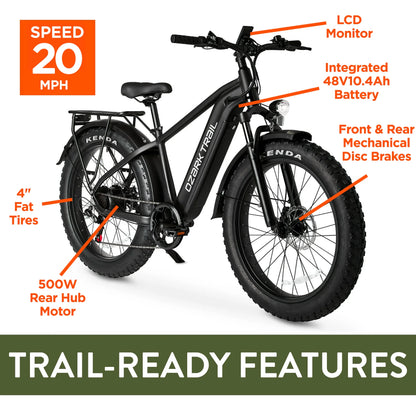 26" Ozark Trail M.3 Ranger+ Electric Fat Tire Bike, 48V, Class 2, Black, Fits Riders 5'2" - 6'1", Adult
