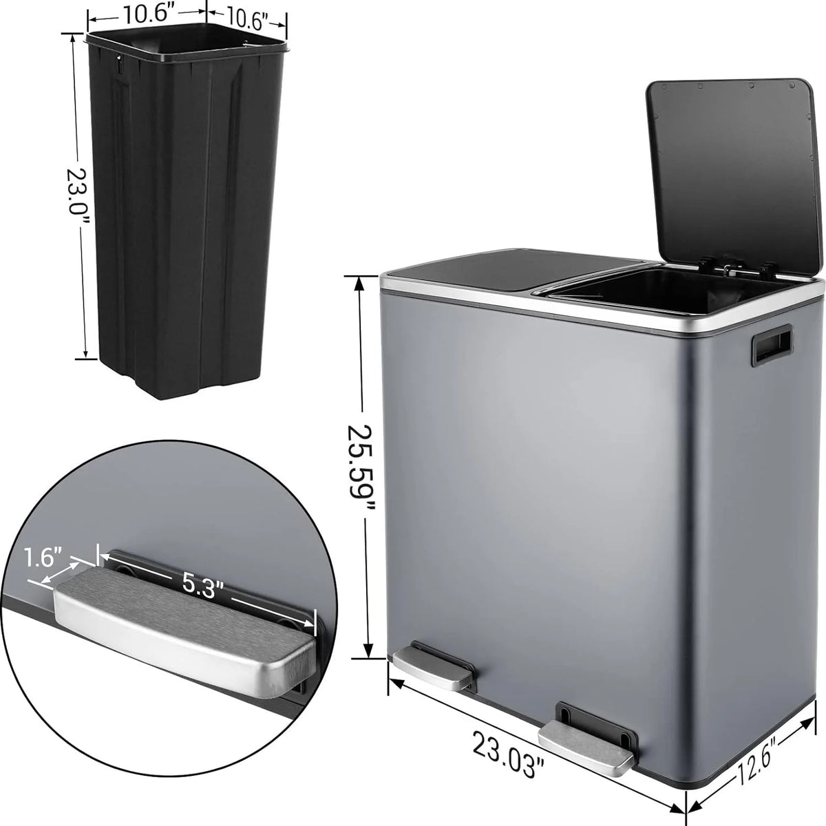 Arlopu 60 L/16 gal Dual Trash Can, Stainless Steel Garbage Can for Kitchen, Recycle Bin with Lid