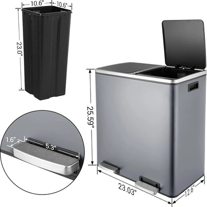 Arlopu 60 L/16 gal Dual Trash Can, Stainless Steel Garbage Can for Kitchen, Recycle Bin with Lid
