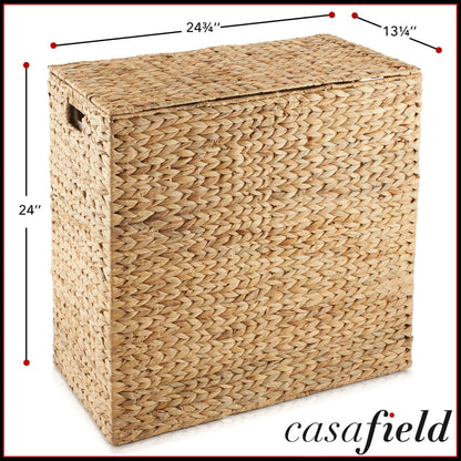 Casafield 2-Section Laundry Hamper with Lid and Removable Liner Bags - Natural, Woven Water Hyacinth Laundry Basket for Clothes