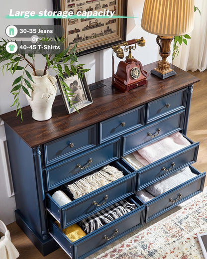 ZBOM 9 Drawer Dresser, 54 Inch Wide Farmhouse Style Chest of Drawers with Charging Station, Distressed Finish Design, Modern Storage Dresser Organizer TV Stand for Bedroom, Living Room
