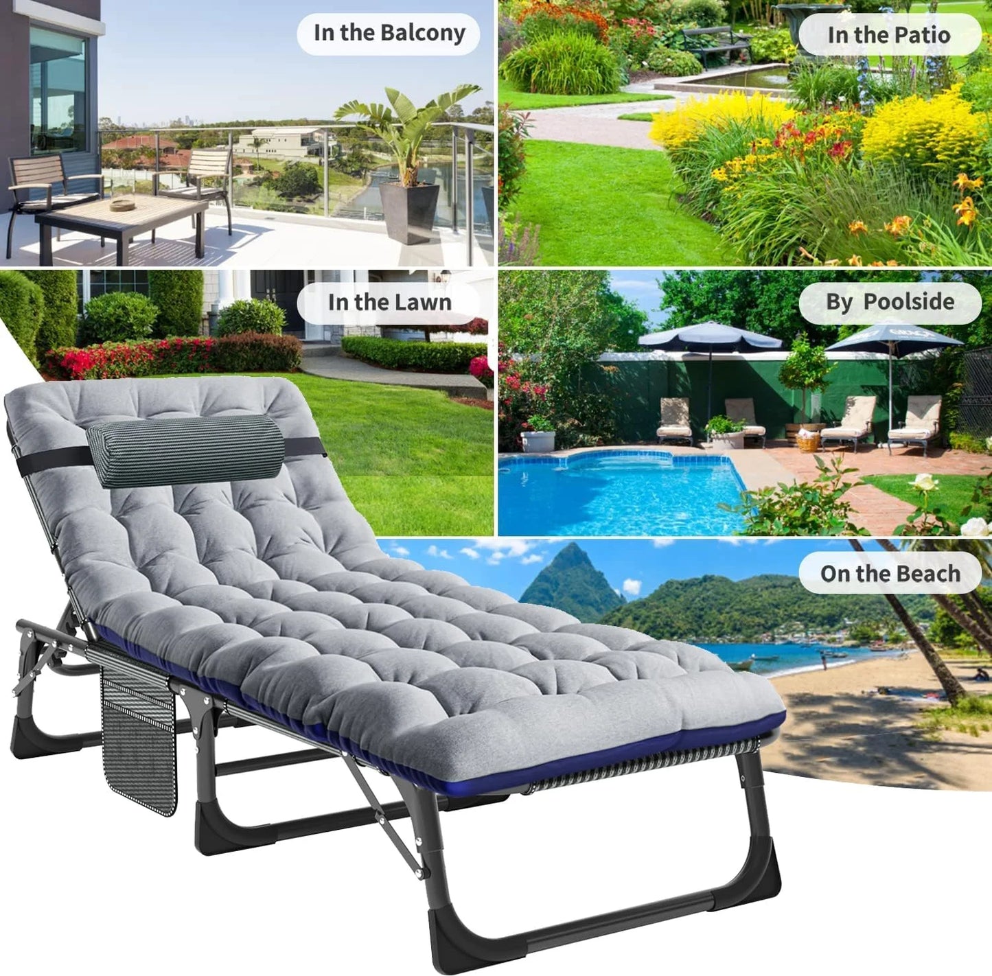 Slsy Folding Lounge Chair, 5-Position Adjustable Outdoor Reclining Chair, Folding Sleeping Bed Cot, Folding Chaise Lounge Chair for Pool Beach Patio Sunbathing