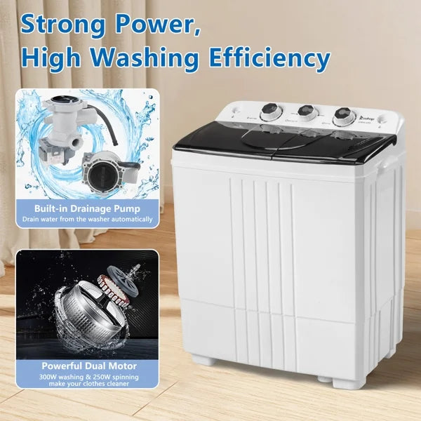 20Lb Twin Tub Washing Machine w/ Built-In Pump - Semi-Automatic 1300RPM Compact Washer for Apartment, Dorm, RV, Camping, White/Black