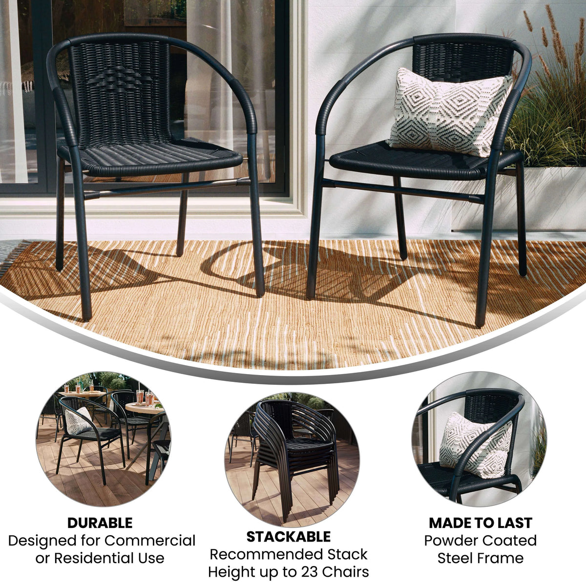 Emma + Oliver Indoor/Outdoor Stacking Rattan Restaurant Patio Chairs, Set of 2, Gray