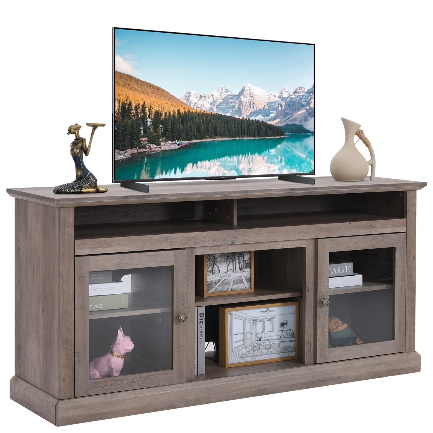 TV Stand for 65 Inch TV, Entertainment Center with Two Glass Barn Doors and Storage Cabinet Table, Farmhouse Style Media Console Table for Living Room(Coffee)