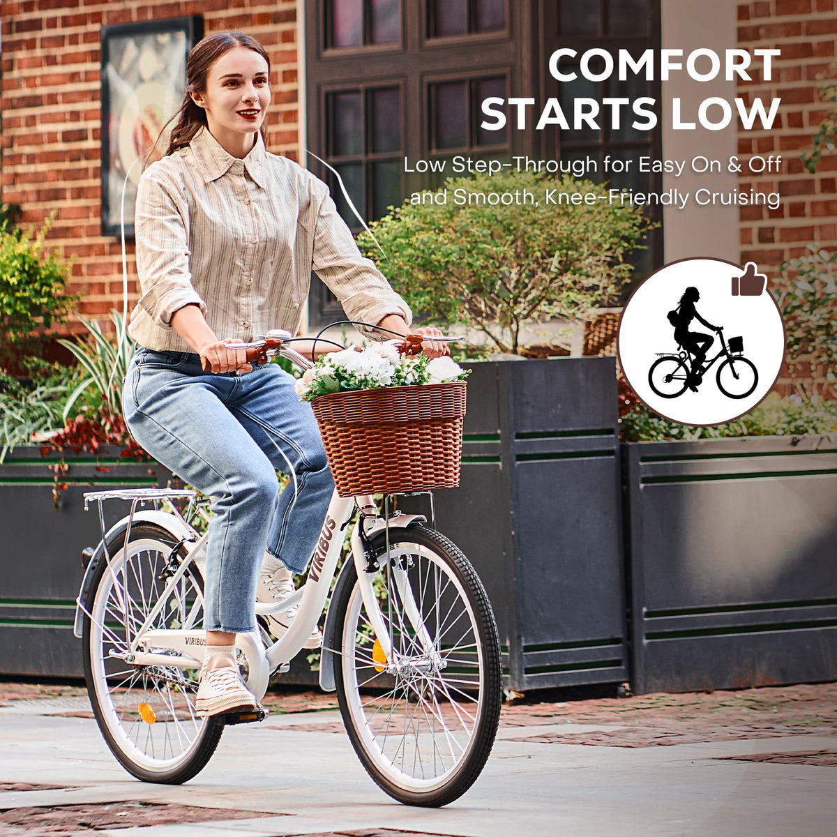 Viribus Women's Comfort Bike 24 inch Beach & City Cruiser Bicycle with Basket Rack White