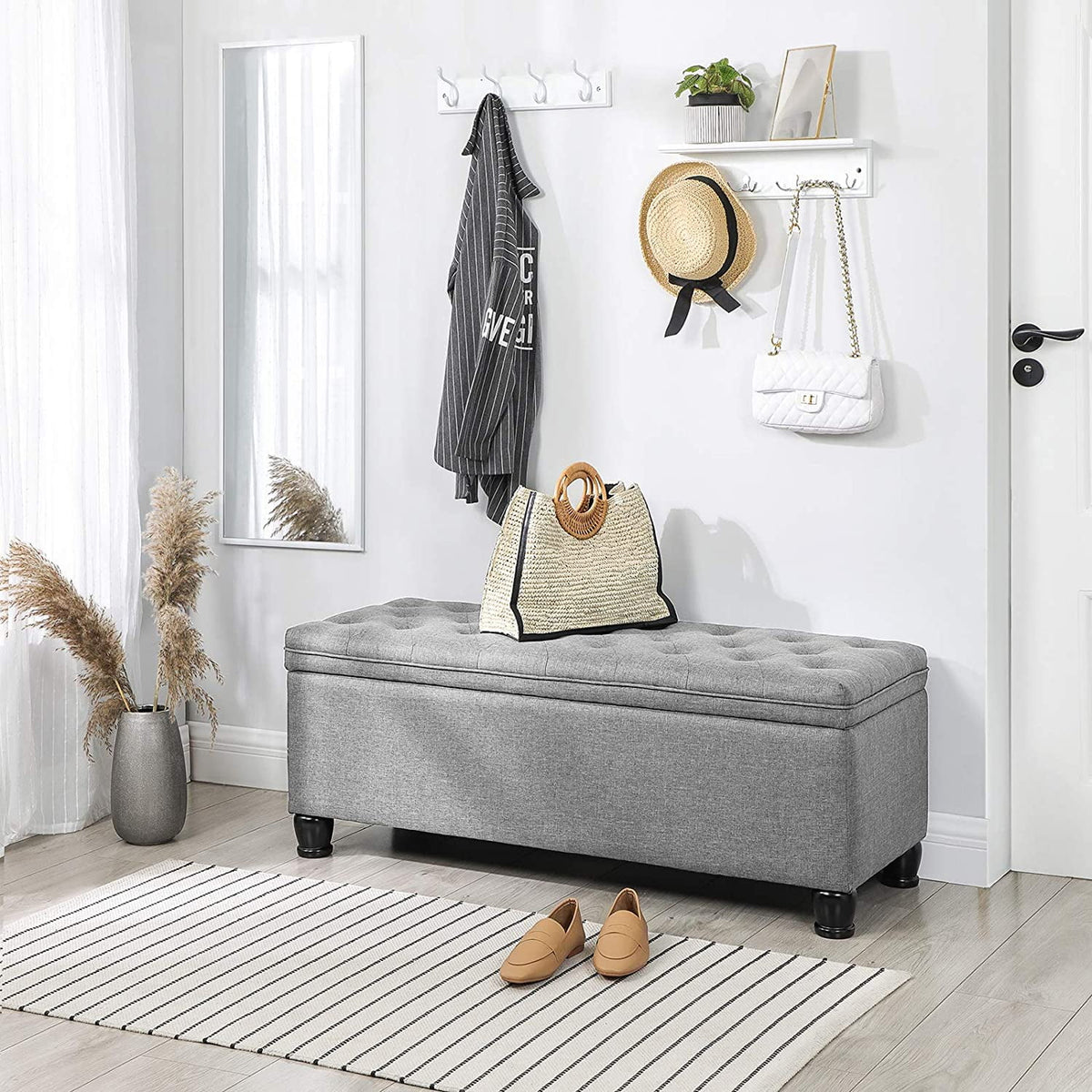 SONGMICS 46.5" Storage Ottoman Bench Storage Bench Bedroom Bench 330lb Load Capacity Solid Wood Legs Light Gray