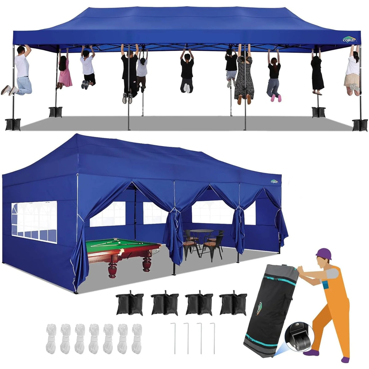 COBIZI 10x20 Heavy Duty Pop up Canopy Tent with 6 sidewalls Easy Up Commercial Outdoor Canopy Wedding Party Tent for Beach All Season Wind & Waterproof Gazebo with Roller Bag,Black(Frame Thickened)