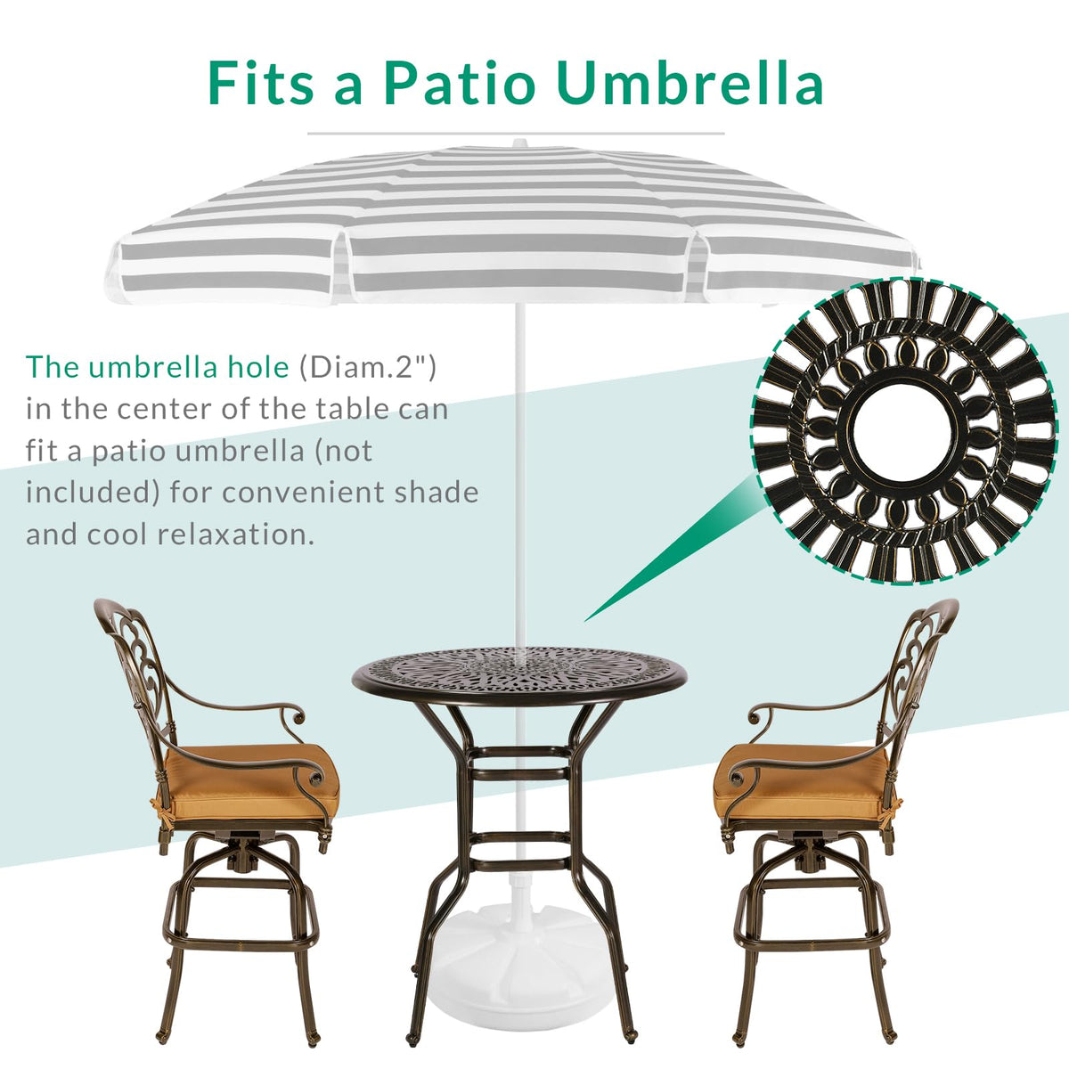 VIVIJASON 35.2" Patio Height Bar Table, All-Weather Cast Aluminum Bar Bistro Table Outdoor Patio Round Dining Table with Umbrella Hole for Balcony, Lawn, Garden, Backyard, Antique Bronze