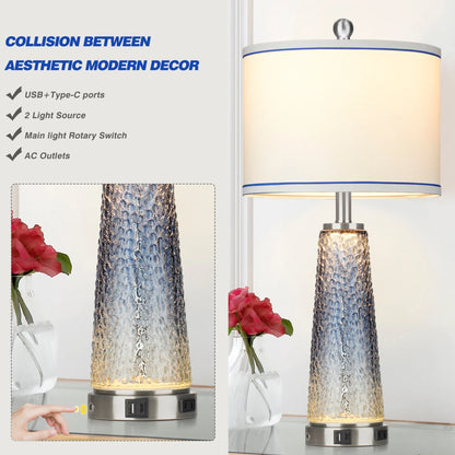 Cinkeda Modern Table Lamp Set of 2 for Bedroom Living Room with USB A+C Ports AC Outlet Gradient Grey Glass Nightlight Nightstand Bedside Lamps