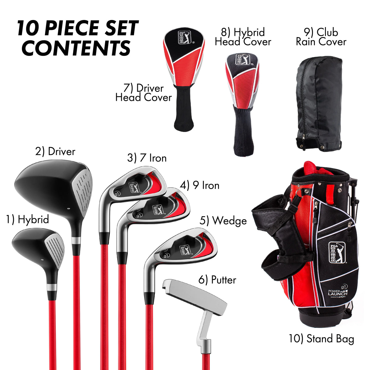 PGA Tour Right-Handed 10 Piece Kids Golf Club Stand Bag Set; Player Height 4'8 - 5'2", Ages 8-12
