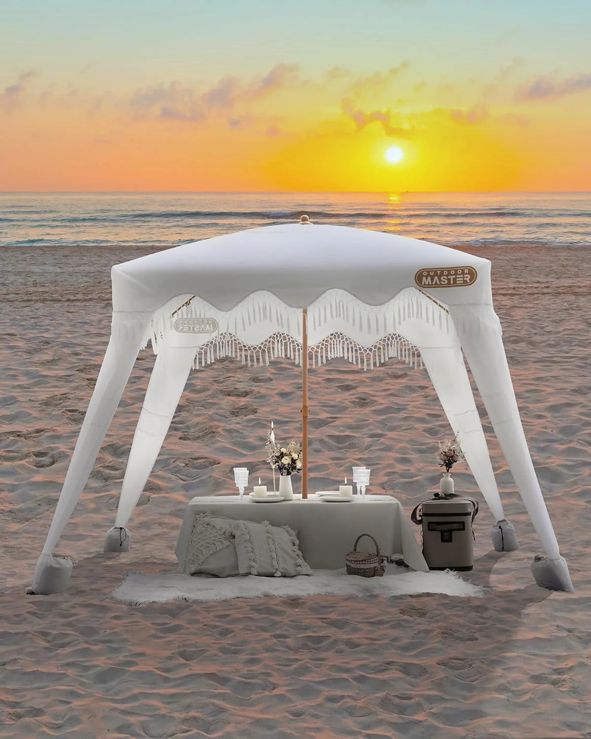 OutdoorMaster Beach Cabana with Fringe, Portable 6' x 6' Beach Canopy, Easy Set Up Beach Shelter, Included Side Wall, UPF 50+ UV Protection Sun Umbrella - for Kids, Family & Friends