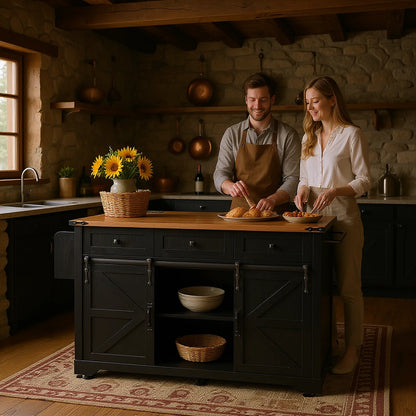 Homy Casa Farmhouse 53.7" Kitchen Island with Storage Cabinet, Sliding Barn Doors, and Wheels, White Oak