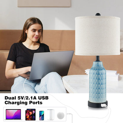 Cinkeda Table Lamp Set of 2 for Living Room Bedroom with USB Ports AC Outlet 3 Way Dimmable Touch Nightlight Farmhouse White Floral Nightstand Bedside Lamps