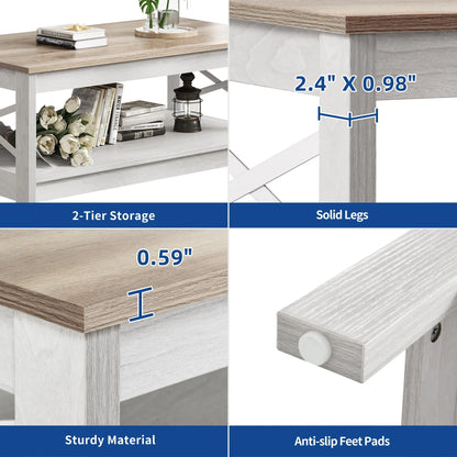 Moasis Farmhouse Coffee Table with Storage 2-Tier Center Table for Living Room Grey Wash Top+White