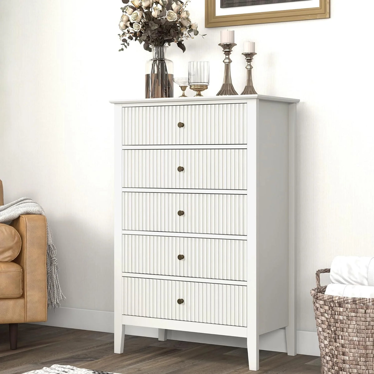 May Color Large White 3 Drawer Dresser Set of 2 with Fluted Panel, Modern Chest of Drawers with Silent Slide Drawers, Wood Accent Nightstand with Storage for Bedroom Living Room, Hallway