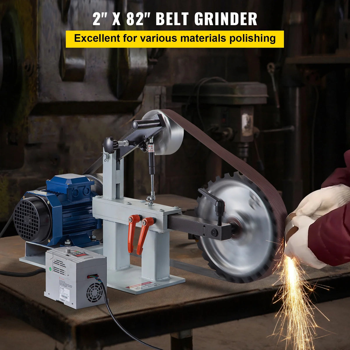 KFFKFF 1500W 2HP Metalworking Belt Sander Grinder, 2" x 82" Adjustable Speed, 3-in-1 Sander Polisher with 3 Grinding Moulds & Flat Platen Tool Rest, Ideal for Knife Crafting