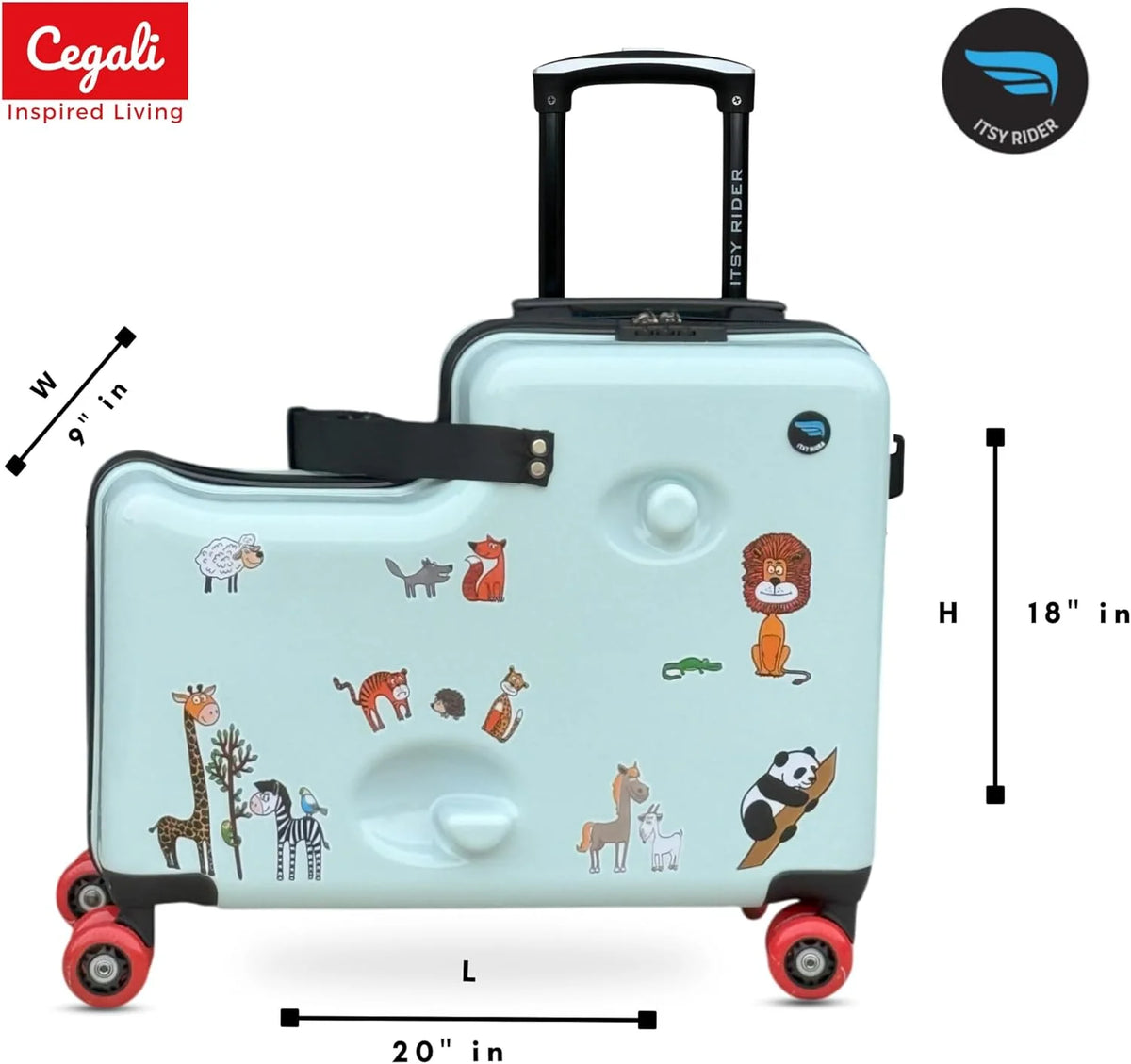 Cegali 2025 Itsy Rider 20" Ride-on Suitcase for Kids with Double Spinner Red Wheels (Green Safari)