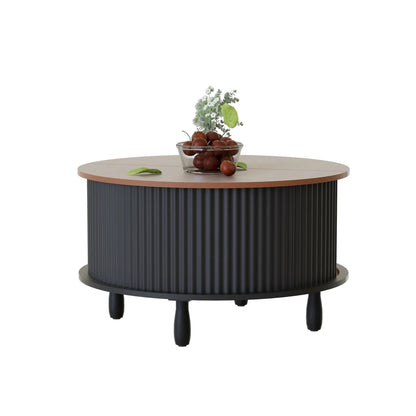 RUMLIVE Round Coffee Table with Storage, 30.7" Modern Coffee Table with 360�� Curved Sliding Door, Fluted Wood Coffee Table with Footpads, Round Center Table for Living Room, Black