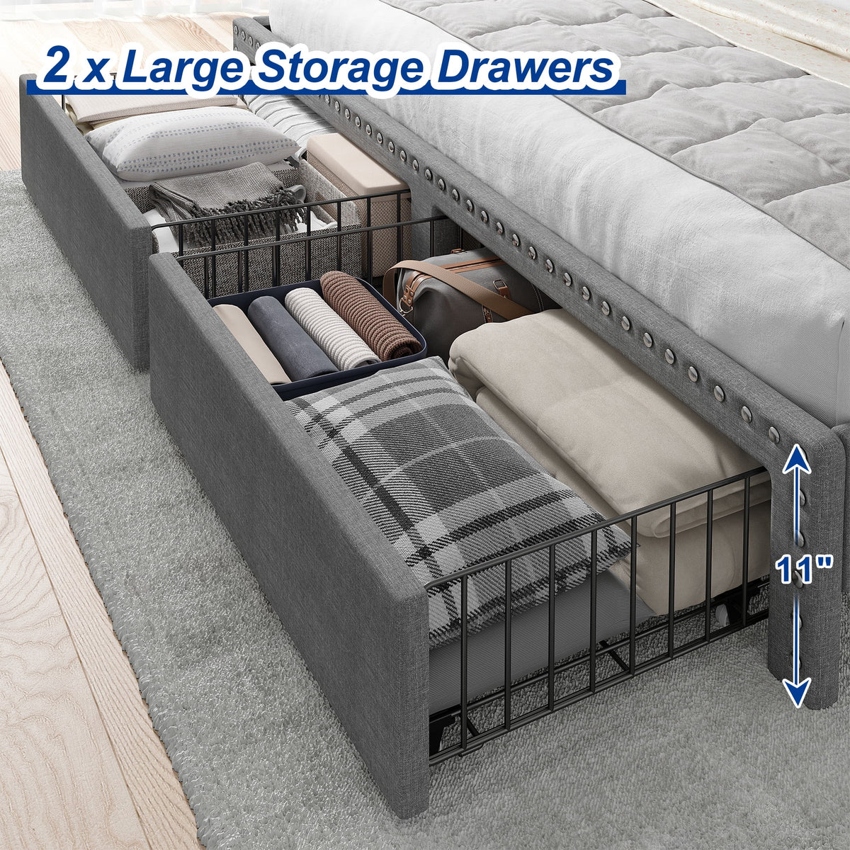 EnHomee Upholstered King Size Bed Frame with Headboard and Storage King Bed Frame with 2 Drawers,Grey