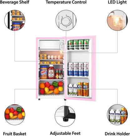 Kcpolre 3.1 Cu.Ft Mini Fridge with Freezer, Adjustable Thermostat, Removable Glass Shelves & Fruit Basket for Dorm Room, Office, Bedroom, Pink