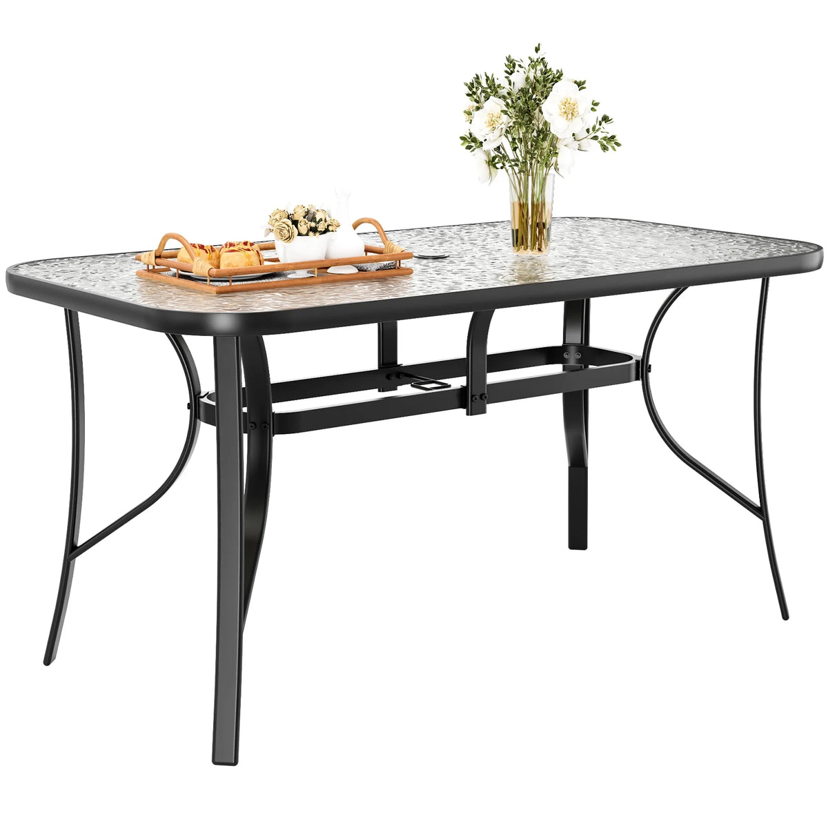 Arlopu Patio Rectangular Tempered Glass Dining Table, All-Weather Use, Outdoor Table for Garden & Backyard