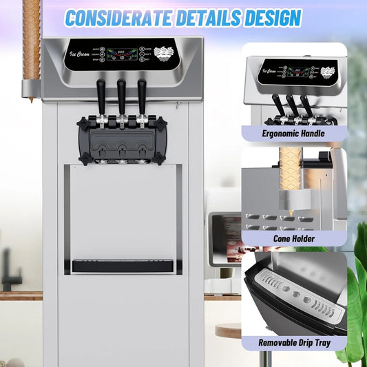 Commercial Ice Cream Maker, 3 Flavors, 20-28L/H Yield, LCD Panel, Auto Clean, 2200W Countertop Soft Serve Machine w/ 2x7L Hopper, Frozen Yogurt Maker for Restaurant Snack Bar