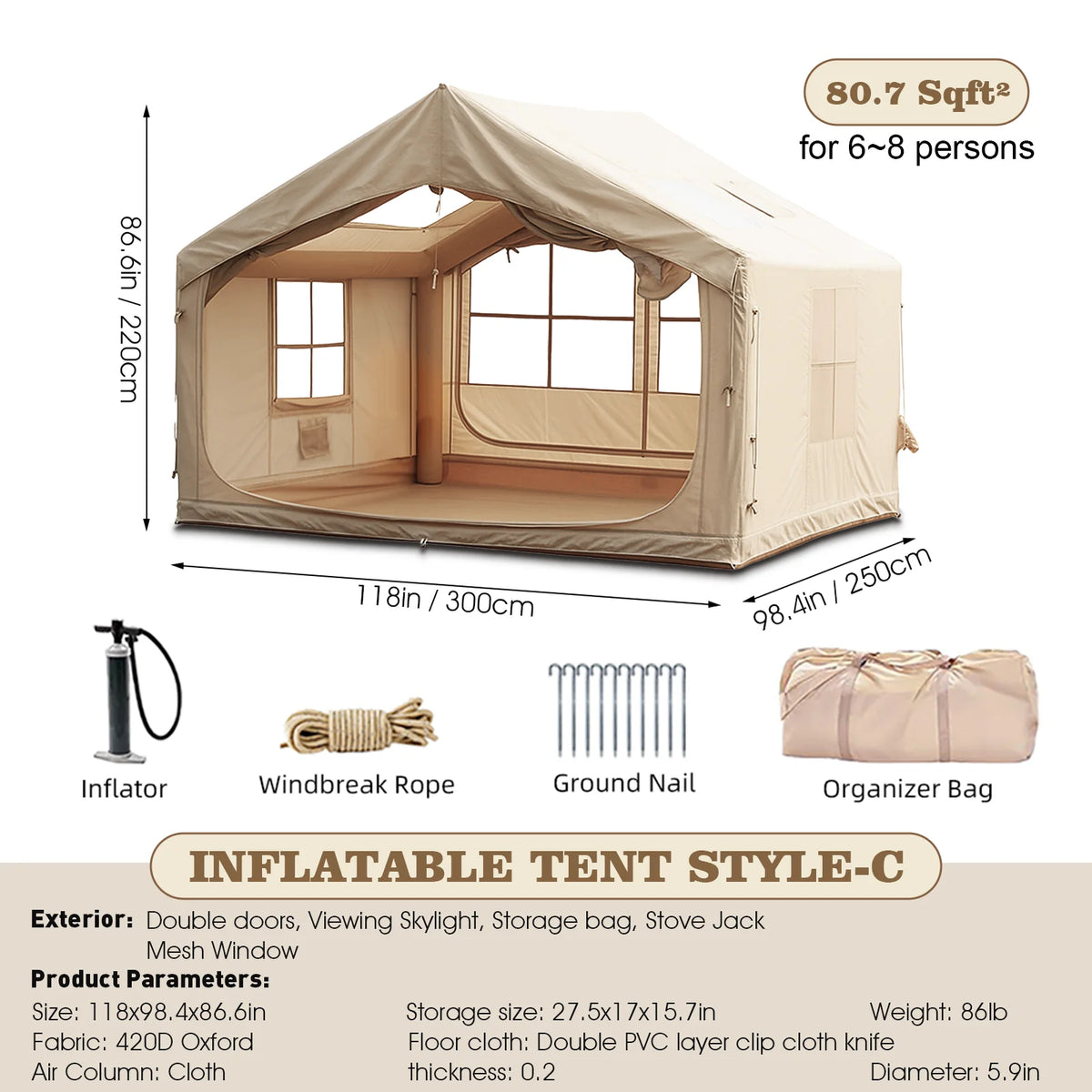 9.8' x 7' Inflatable Camping Tent,4 Season Blow up Tents for Camping, 4-6 Person Inflatable Tent with Stove Jack,Air Tents,Glamping Tent,Waterproof Luxury House with Mesh Window
