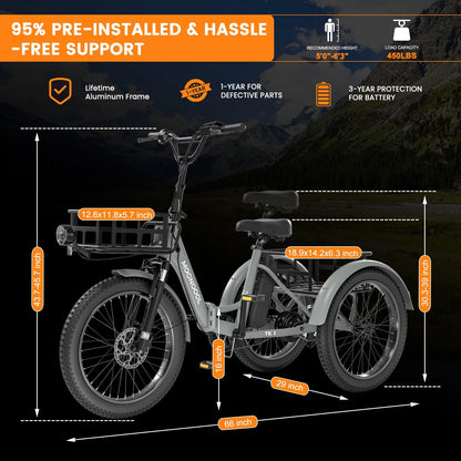 MOONCOOL TK1 Folding Electric Tricycle for Adults,48V 14.5Ah Removable battery, 500W（Peak 1000w）Motor, 20" Fat Tire Step-Thru 3Wheel Electric Bicycle w/Front&Rear Baskets, Certified to UL 2849 by SGS