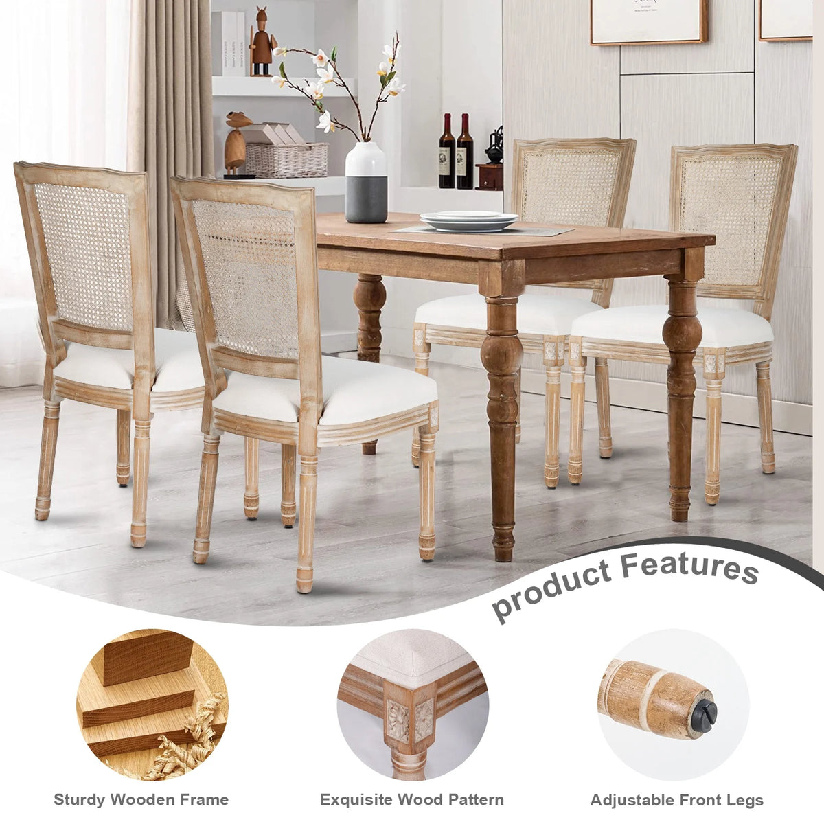 French Dining Chairs Set of 2 Beige Natural Fabric Round Back with Solid Wood Legs and Frame for Bedroom Dining Room Kitchen