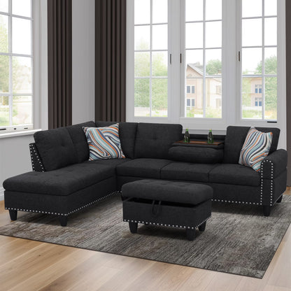 Aukfa 3 Piece Sectional Sofa, Living Room Couch with Storage Ottoman&Cup Holder, Linen, Right Hand, Purple