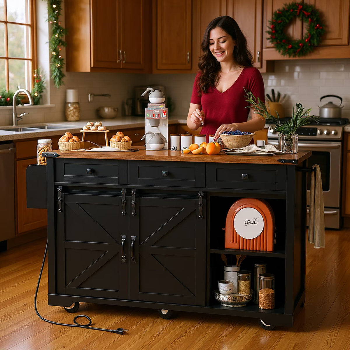 Homy Casa Farmhouse 53.7" Kitchen Island with Storage Cabinet, Sliding Barn Doors, and Wheels, White Oak