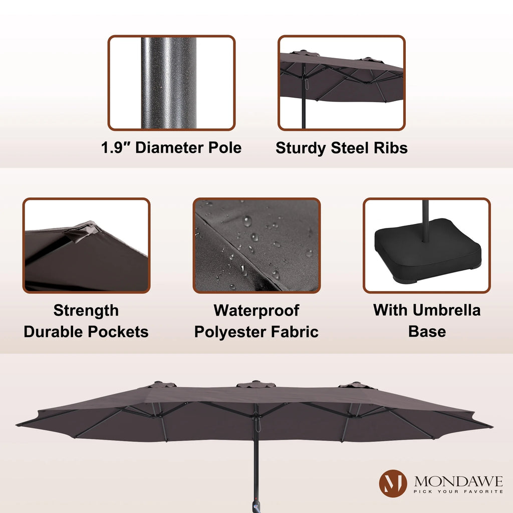 Mondawe 15ft Patio Umbrella Rectangular Outdoor Market Umbrella with Base and LED Lights Beige