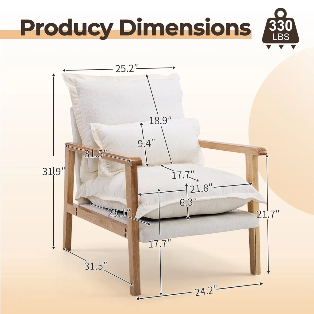Ktaxon Chenille Accent Chair, Solid Wood Armrests Armchair, Metal Frame for Stability, Single Sofa with Comfortable Cushions and Lumbar Pillow Beige