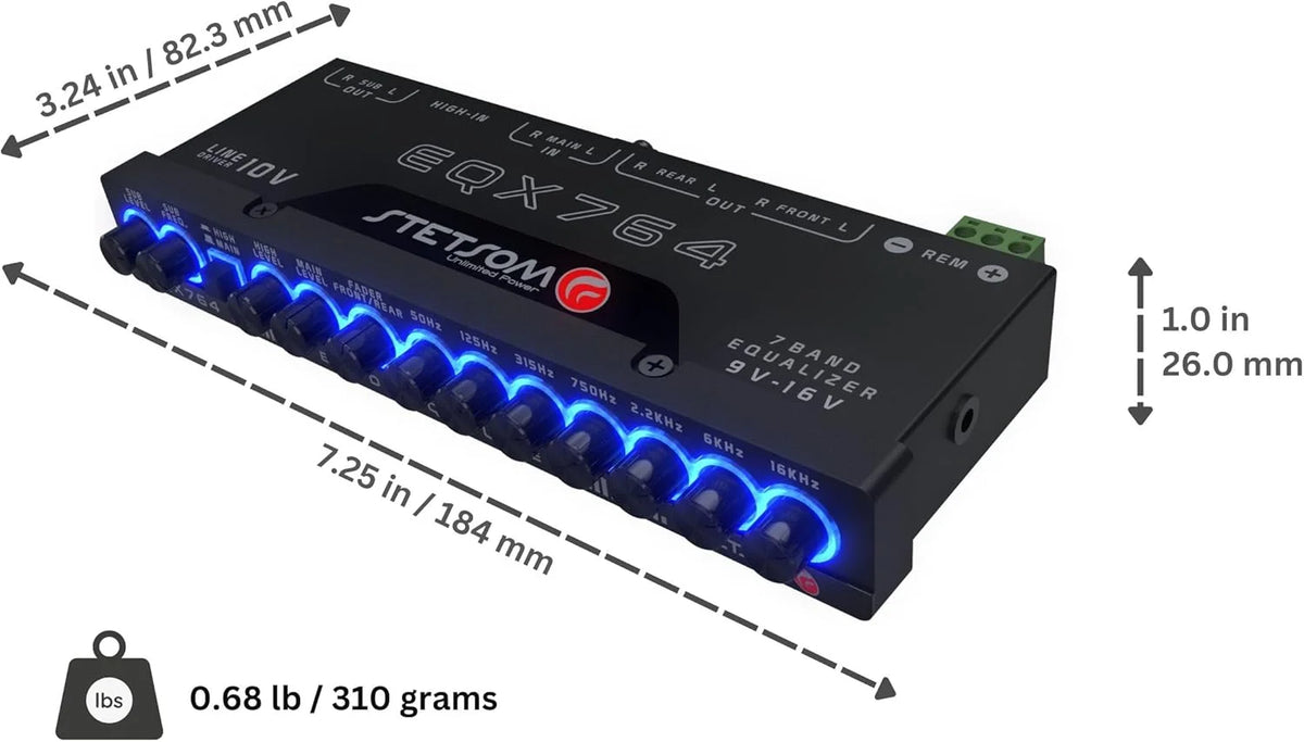 EQX764 7 Band Equalizer, Pre-Amp Car Audio Graphic Equalizer with 4 Inputs (RCA & High) 6 Outputs, 10v Line Driver to Avoid Noise and Dedicated Sub Controls (Level & Frequency)