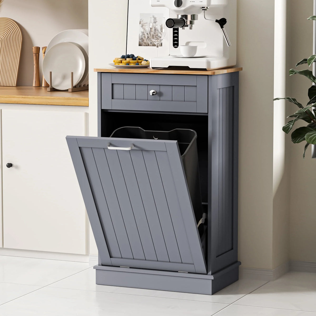 HARIPUL Single Tilt Out Trash Cabinet for 13 Gallon Waste Bin, Free Standing Kitchen Trash Can Cabinet with Drawers, White
