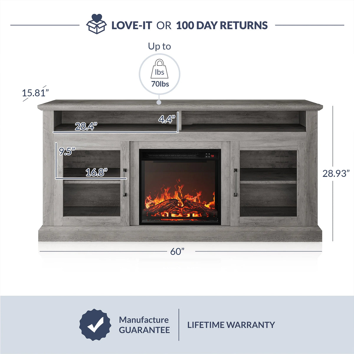 BELLEZE 60" TV Stand with 18" Electric Fireplace, Traditional TV Stand for TVs up to 65", Modern Media Entertainment Center Console Table with Open Storage Shelves & Cabinets - Cayman (Rustic Grey)