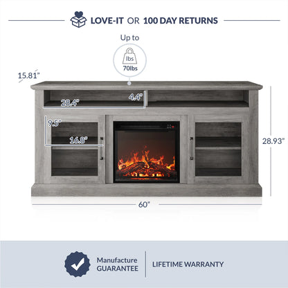 BELLEZE 60" TV Stand with 18" Electric Fireplace, Traditional TV Stand for TVs up to 65", Modern Media Entertainment Center Console Table with Open Storage Shelves & Cabinets - Cayman (Rustic Grey)