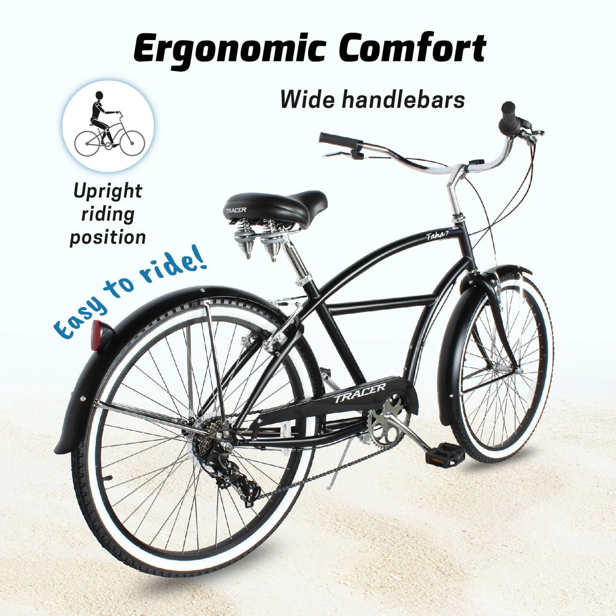 TRACER TAHA Beach Cruiser Bike for Men,26 Inch Wheels, Hi Ten Steel Frame, 7 Speed, Hybrid Bike for Adults, Complete Cruiser Bikes, Coaster Brake, Matte Black