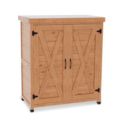 Tcbosik Outdoor Storage Cabinet & Potting Bench Table, Wooden Patio Furniture with Metal Top, Garden Workstation for Backyard, Lawn, Deck, Balcony, Gray