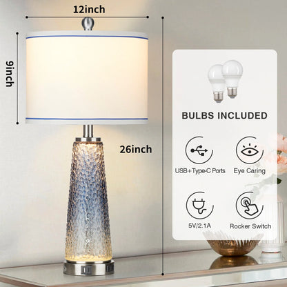 Cinkeda Modern Table Lamp Set of 2 for Bedroom Living Room with USB A+C Ports AC Outlet Gradient Grey Glass Nightlight Nightstand Bedside Lamps