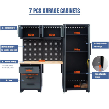 HPDMC Garage Storage Cabinet System 7-Pcs Workshop Set Metal Garage Cabinets System with Steel Cabinet Drawers, Workbench, Pegboard for Garage Tool Organization