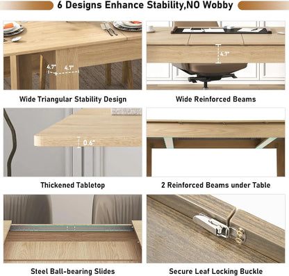 ChVans Large Mobile Extendable Dining Table for 6-8, Modern Wood Kitchen Table Rectangular Table for Dining Room, Living Room
